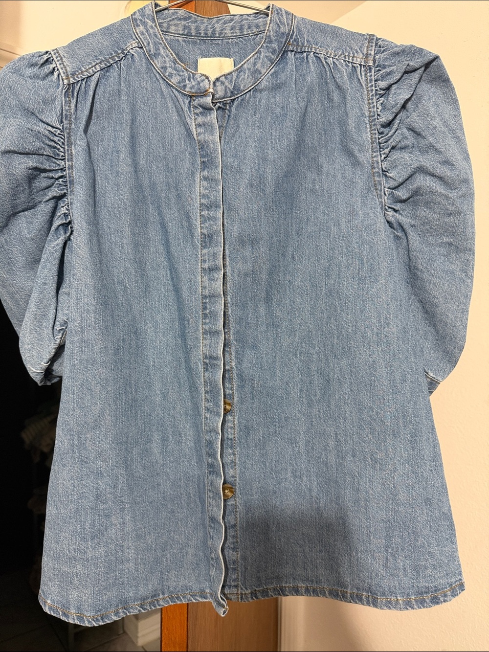 INDUSTRY Denim Puff-Sleeve Button-Front Blouse - Light Blue